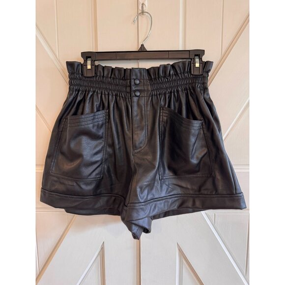 ELAN-FLORA BLACK VEGAN LEATHER Elastic Waist SHORT Womens Size Large - Picture 2 of 10